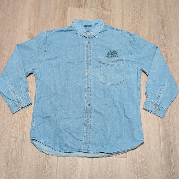 All Sport Other - Vintage All Sport Denim Shirt Mens L Fits‎ XL Chambray Alaska Embroidered Cotton